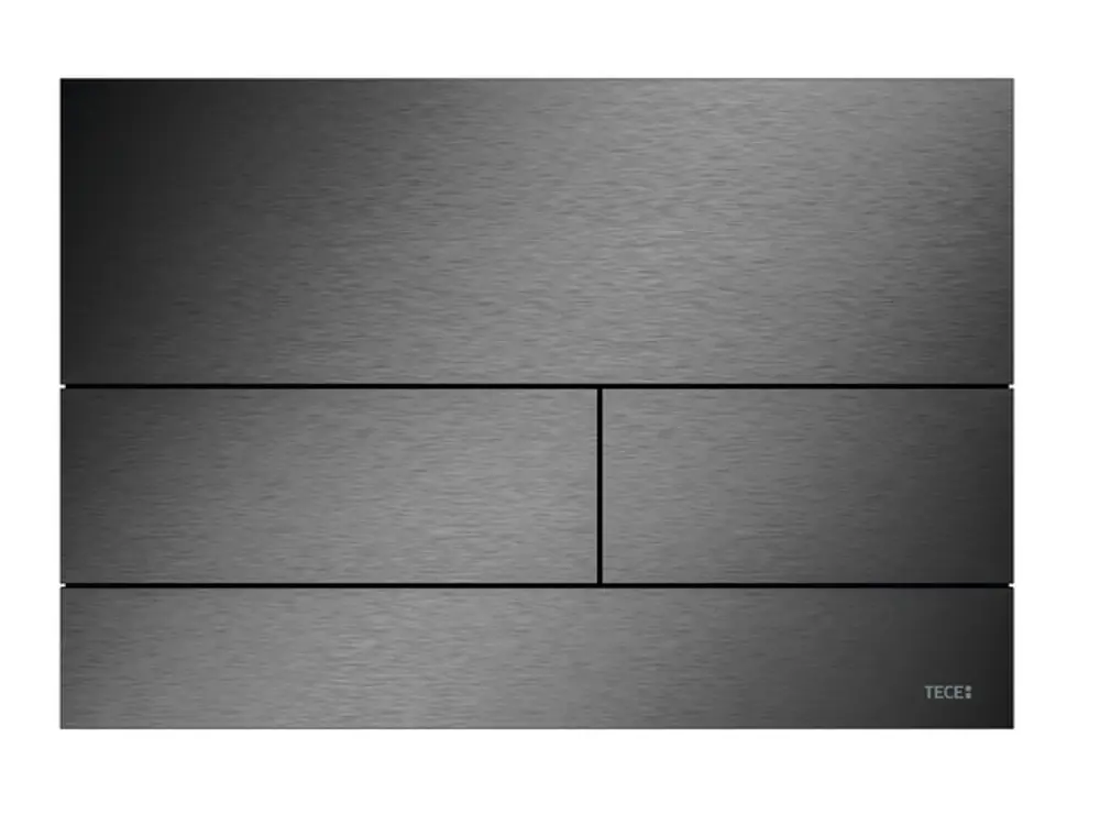 TECE Betätigungsplatte in schwarzem gebürstetem Metall mit horizontalen Segmenten, geeignet zur Montage in WC-Anlagen.